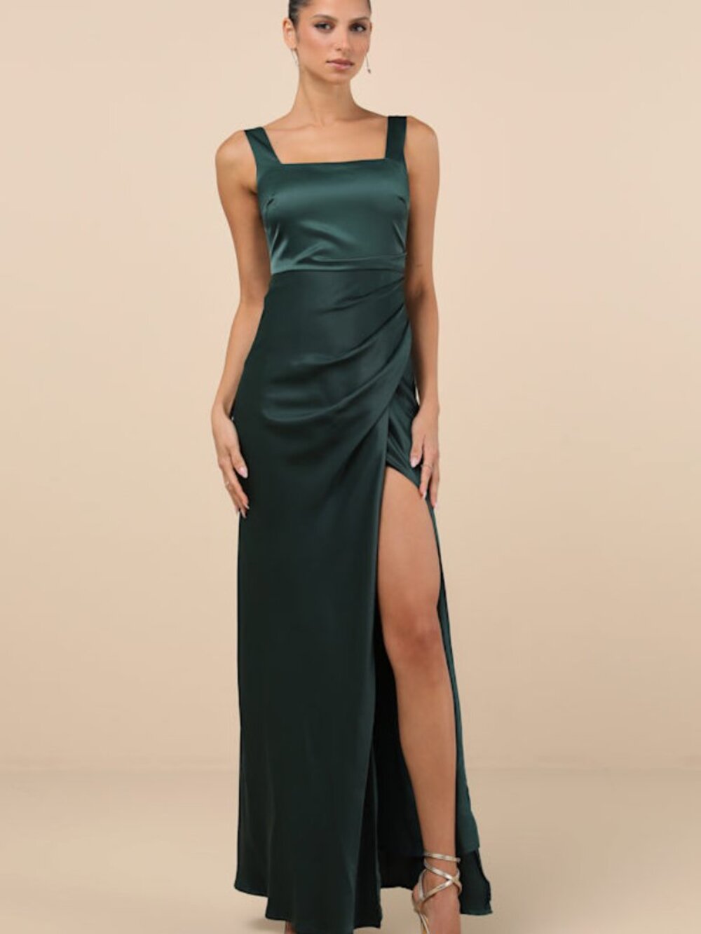 Lulus Red Carpet Romance Emerald Green Satin Square Neck Maxi Dress - Size 2X